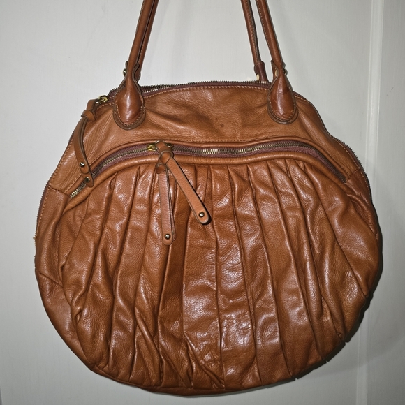 Sabina New York Brown Leather Hobo Handbag Pleated Rounded Zippers 18x13" - Picture 5 of 13